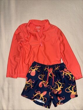 Carter's Coral Long Sleeve Rash Guard with Octopus Swim Shorts